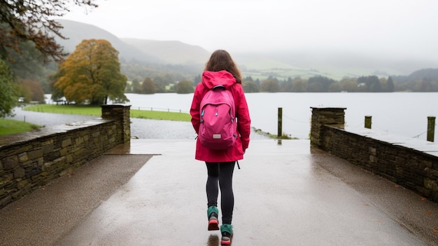 araffe caminando por un sendero con una mochila rosa y un ai generativo de mochila rosa