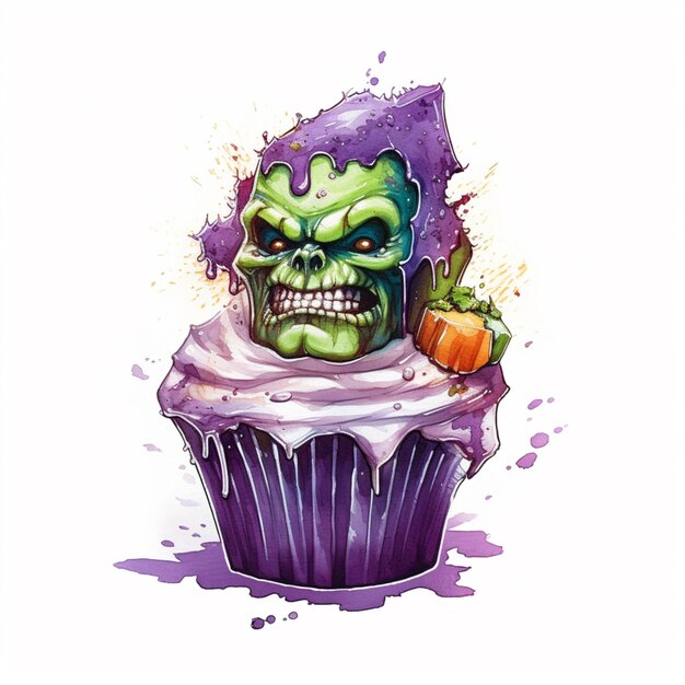 Araffe Cupcake mit einem Zombiegesicht und einem Kürbis oben auf der generativen KI