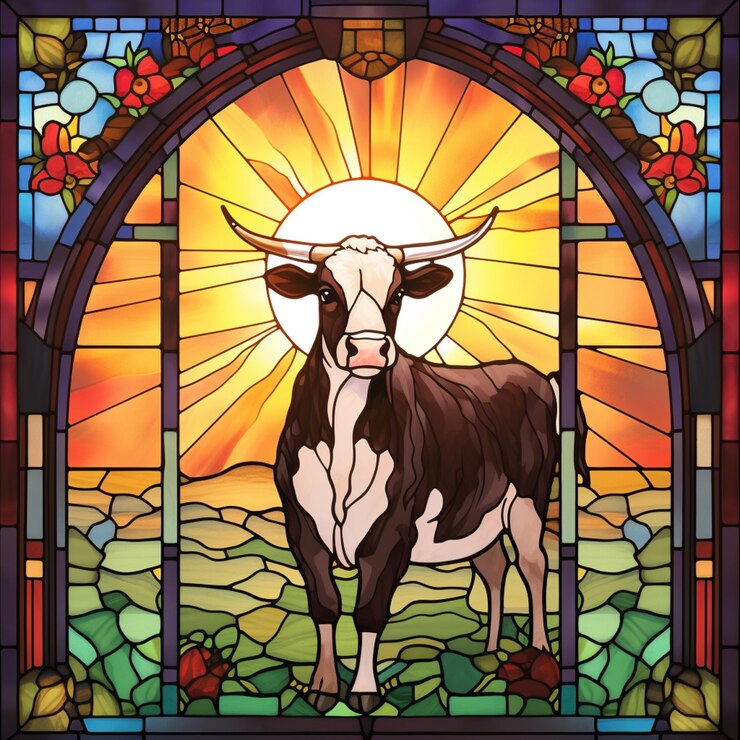 Foto araffe de pé em frente a um vitral com um sol no fundo