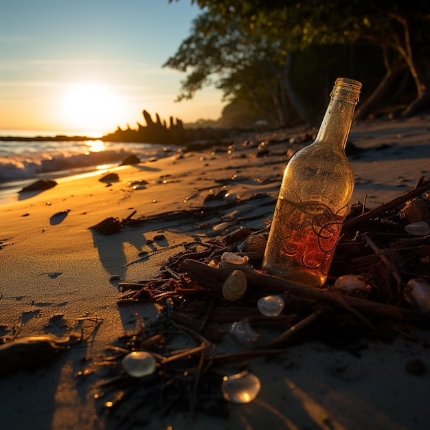 Araffe-Flasche Bier am Strand mit Muscheln und generativer Algen-KI