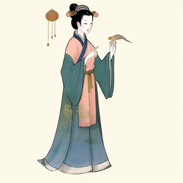 Araffe-Frau in einem Kimono-Kleid hält einen Vogel generativ ai