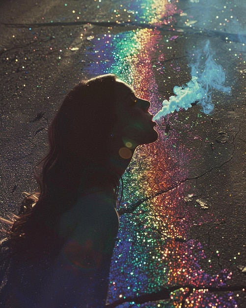 Foto araffe fumando un cigarrillo en una calle con un arco iris pintado en la carretera generativo ai