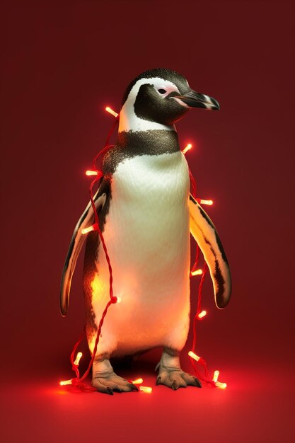 araffe con un hilo rojo alrededor del cuello y un ai generativo de pingüino blanco y negro