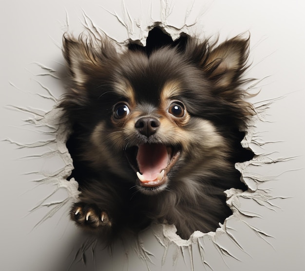 Araffe-Hund, der durch ein Loch in der Wand mit offenem Mund schaut