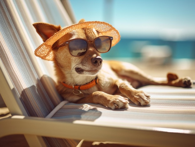 Araffe-Hund mit Hut und Sonnenbrille auf einem Strandkorb generative KI