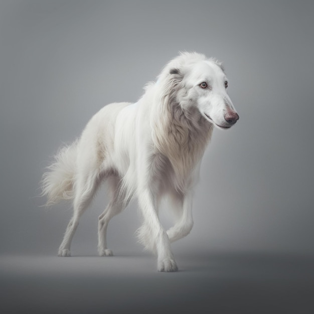 Araffe-Hund mit langen weißen Haaren, der auf einer grauen, generativen Oberfläche läuft