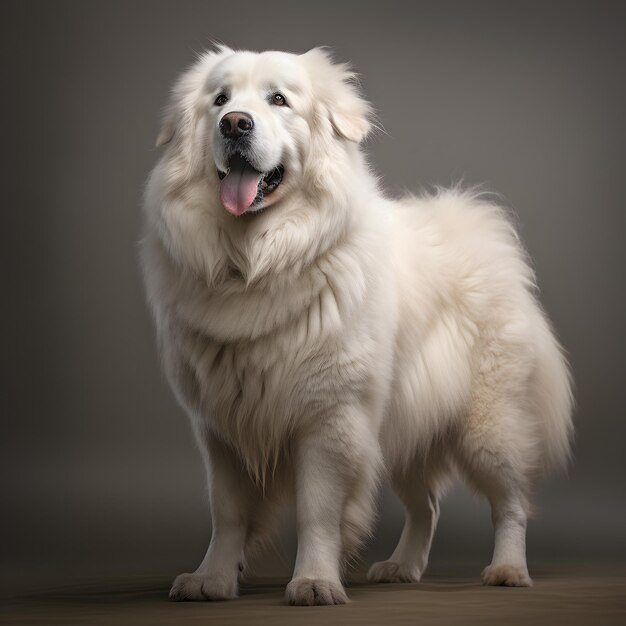 Araffe-Hund steht mit ausgestreckter Zunge auf einem Holzboden. Generative KI