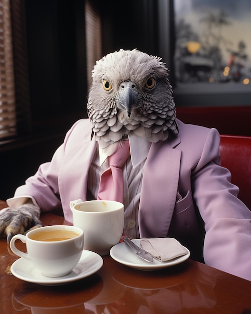 Araffe in Anzug und Krawatte sitzt an einem Tisch mit einer Tasse Kaffee