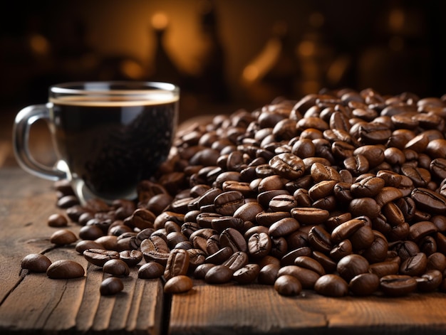Araffe Kaffeebohnen und eine Tasse Kaffee auf einem hölzernen Tisch