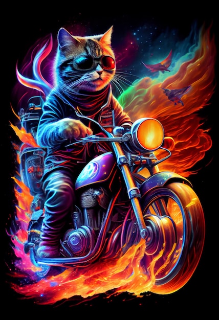 Araffe-Katze fährt auf einem Motorrad mit Flammen und Flammen um sie herum generative ai