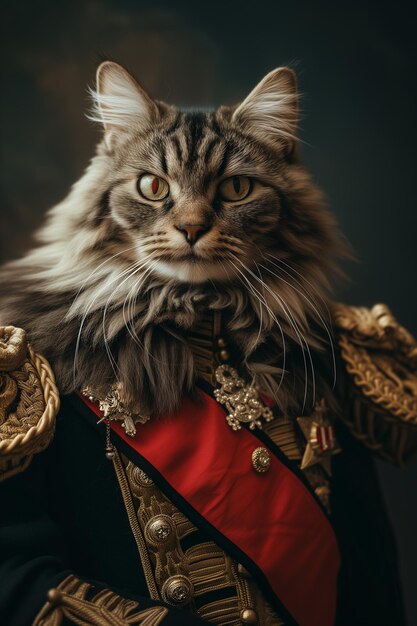 Araffe-Katze in Militäruniform mit rotem Kragen