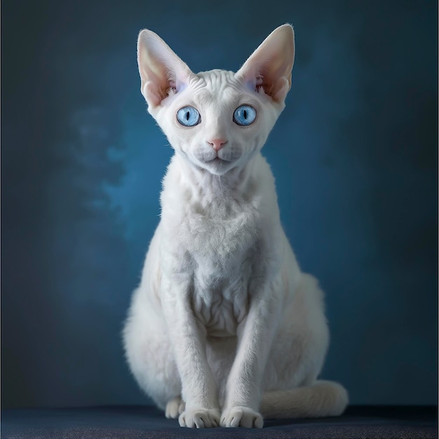 Araffe-Katze mit blauen Augen sitzt auf einem Tisch