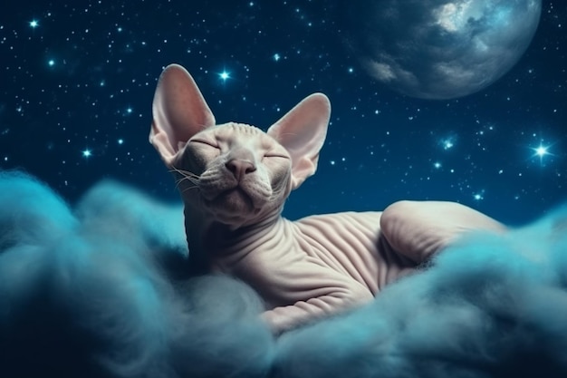 Araffe-Katze sitzt auf einer Wolke am Himmel mit einem Vollmond im Hintergrund