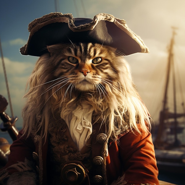 Araffe Katze verkleidet als Pirat mit Hut und Augenlappe generative ai