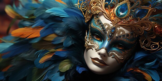 Araffe-Maske mit Federn und einer generativen KI aus Gold und Blau