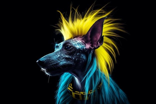 araffe con un mohawk amarillo y cabello azul sobre un fondo negro ai generativo