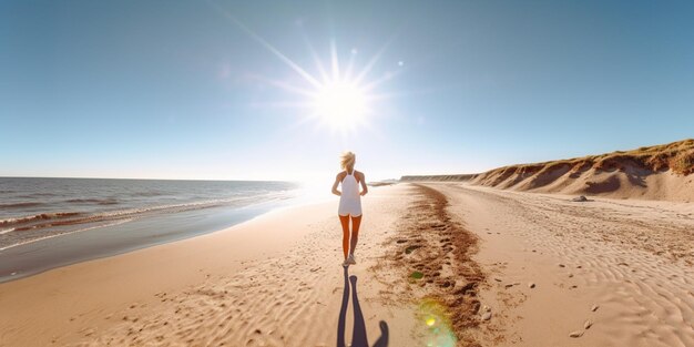 Foto araffe mujer caminando en la playa hacia el sol generativo ai