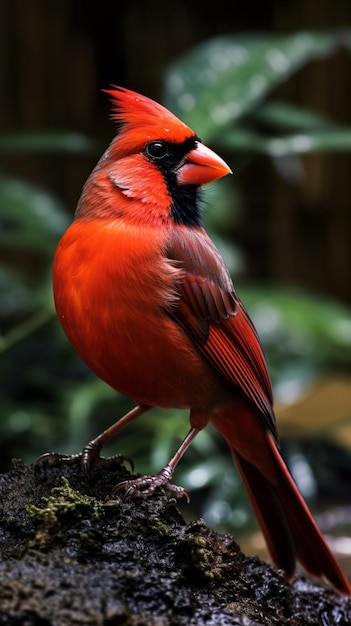 Araffe pájaro con plumas rojas sentado en una roca en el bosque generativo ai