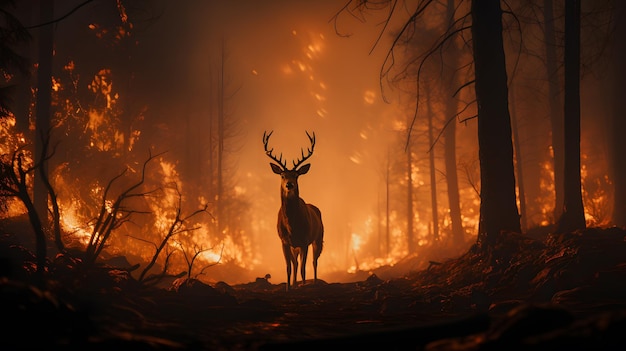 Araffe parado em uma floresta com um incêndio ao fundo IA generativa