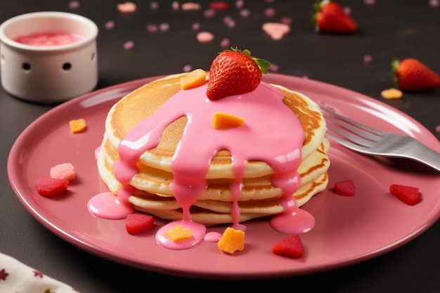 Araffe-Pfannkuchen mit rosa Zuckerguss und Erdbeeren auf einem generativen rosa Teller