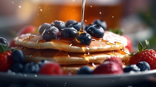 Araffe-Pfannkuchen mit Sirup und Beeren auf einem Teller mit Sirup-generierender KI