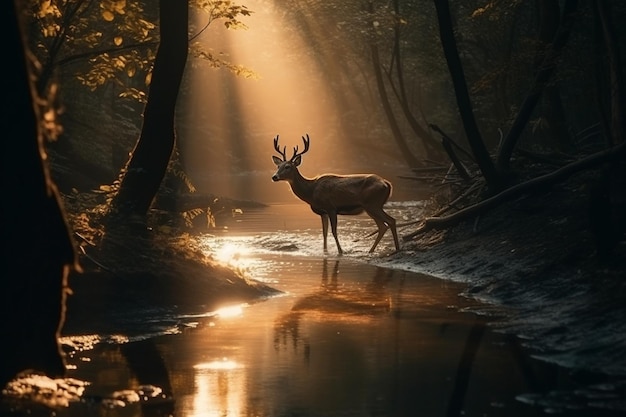 Araffe de pie en un arroyo en un bosque con el sol brillando a través de los árboles generativo ai