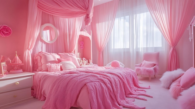 Foto araffe quarto rosa com uma cama de dossel e uma cadeira rosa