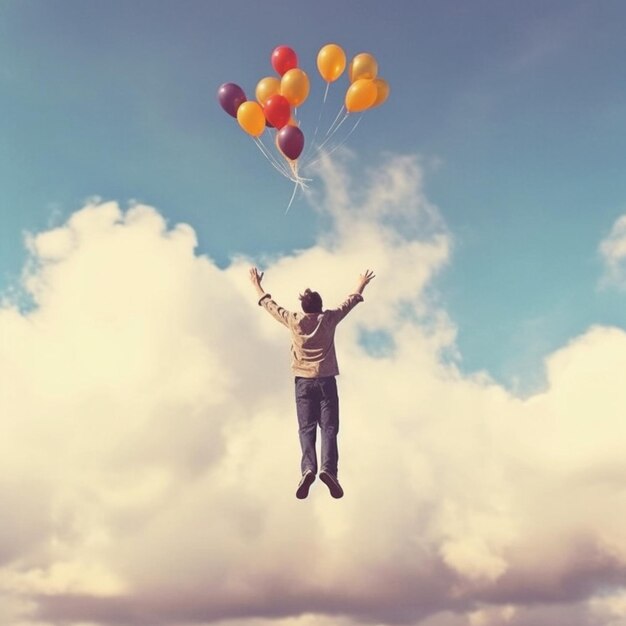 Araffe saltando en el aire con globos en el aire generativo ai