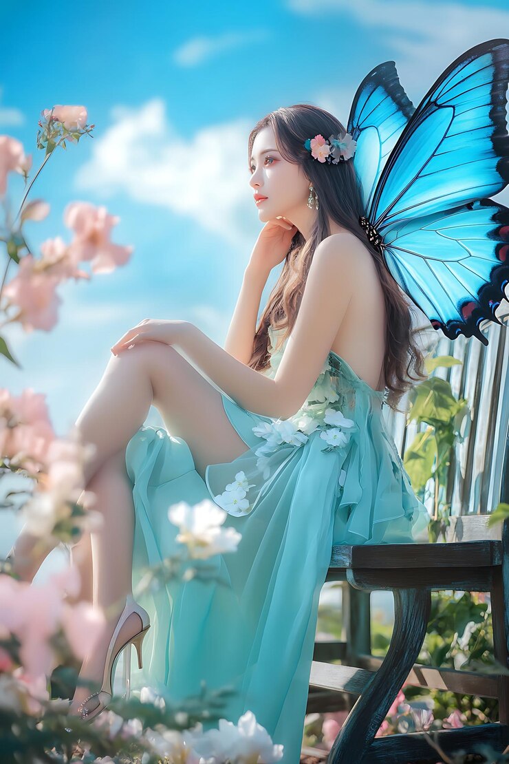 Araffe sentada en un banco con una mariposa en el cabello