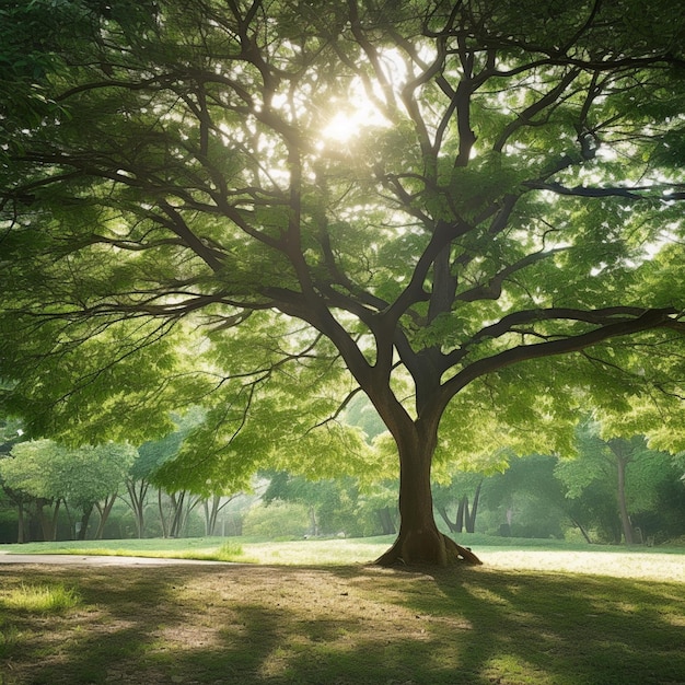 Araffe sentado bajo un árbol en un parque con el sol brillando a través de las ramas generativo ai