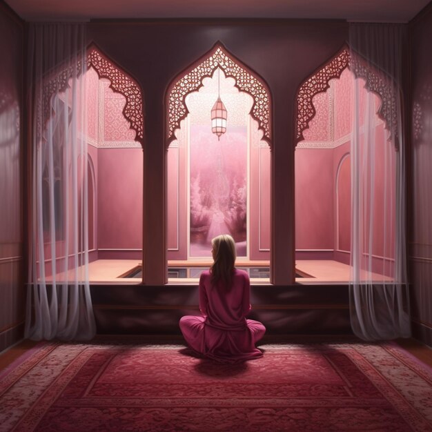 Araffe sentado en una habitación con alfombra roja y alfombra rosa ai generativo