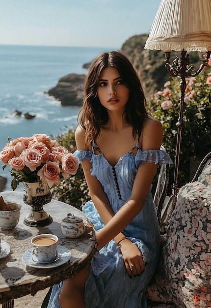 araffe sentado en una mesa con un jarrón de flores y una taza de café