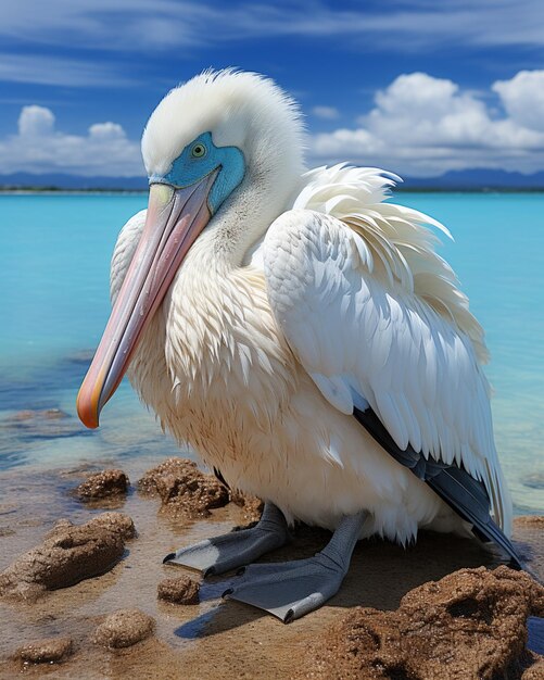 Foto araffe sentado na praia com céu azul e água ao fundo ia generativa