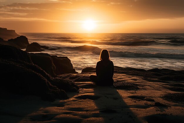 Araffe sentado en la playa viendo la puesta de sol ai generativo