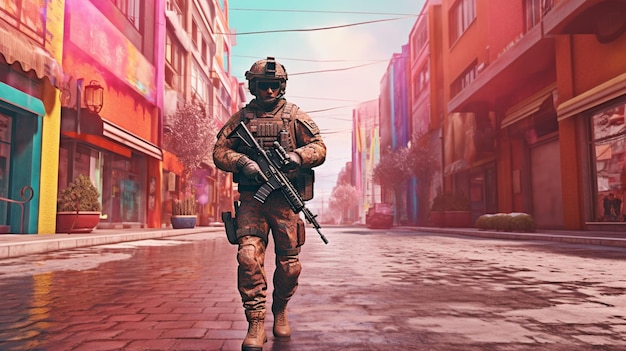 Araffe-Soldat geht eine Straße in einer Stadt entlang generative KI
