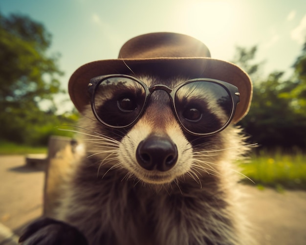 Foto araffe con sombrero y gafas de sol sentado en un banco generativo ai