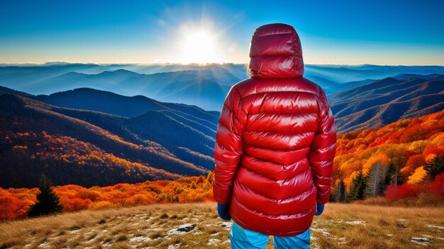 Araffe steht auf einem Berggipfel und blickt auf die generative Sonne