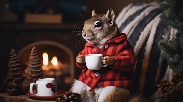 araffe vestido con una bata roja y blanca sosteniendo una taza de café ai generativo