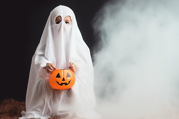 Araffe vestido com um traje de fantasma segurando uma abóbora generativa ai