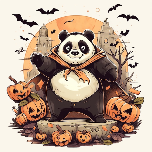 Araffe vestido como um urso panda com abóboras e morcegos generative ai