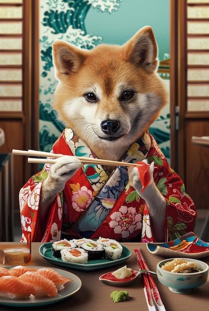 araffe vestido con un traje de kimono comiendo sushi con palillos generativos ai