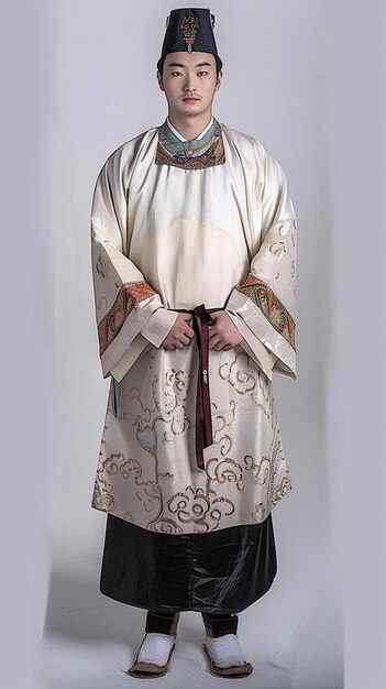 araffe vestido con un traje tradicional coreano de pie en un estudio generativo ai