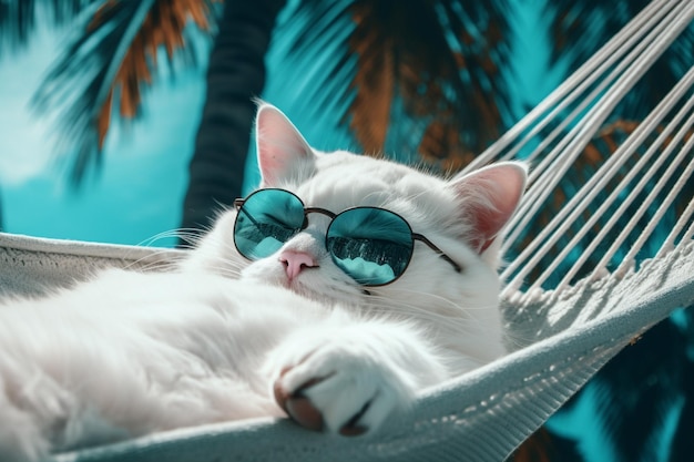 Araffenkatze mit Sonnenbrille liegt in einer Hängematte mit Palmen im Hintergrund generative KI