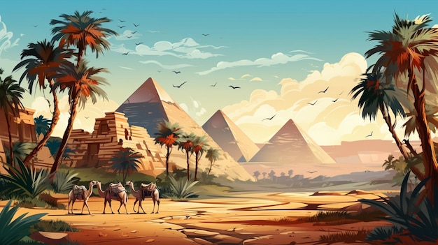 Araffes en el desierto con palmeras y pirámides ai generativo