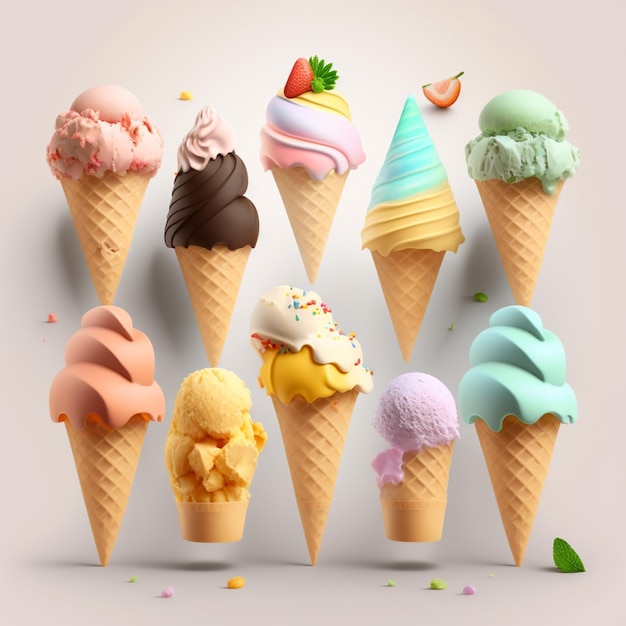 Araffes de diferentes sabores de helado en conos generativo ai
