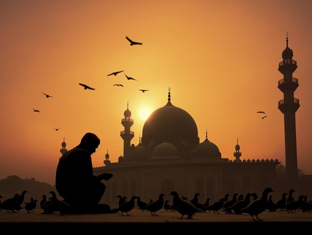 araffes frente a una mezquita al atardecer con pájaros volando alrededor de la ai generativa