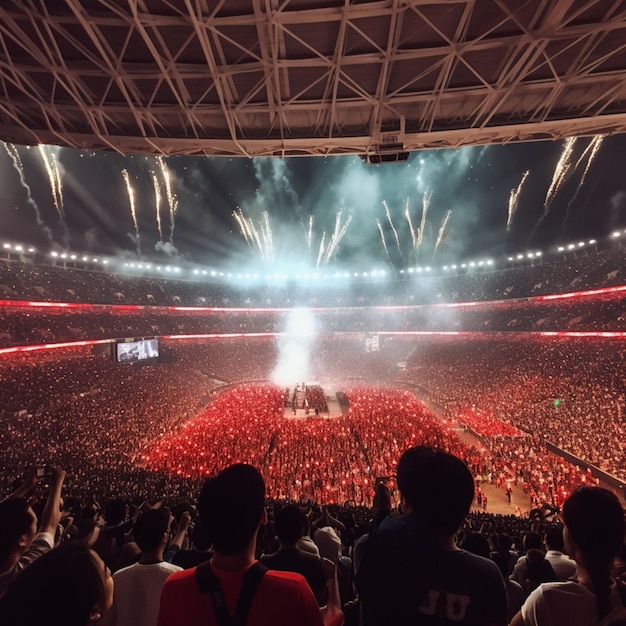 Araffes de personas viendo un concierto en un estadio con fuegos artificiales ai generativo.