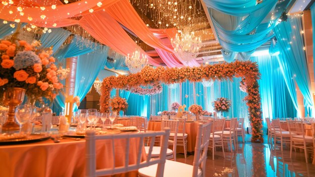 Araffy Hochzeitsempfang mit blauen und orangefarbenen Vorhängen und Blumen generative ai