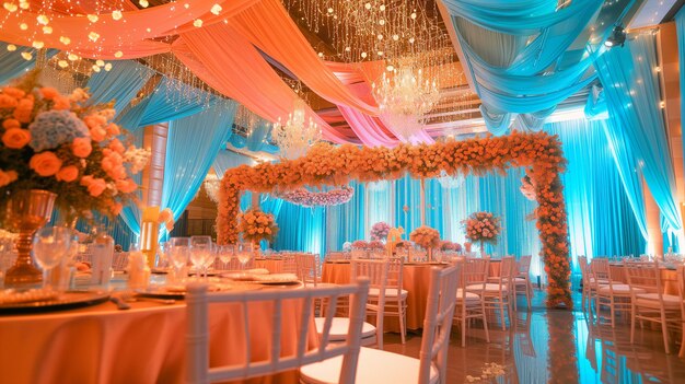 Araffy Hochzeitsempfang mit blauen und rosa Vorhängen und Blumen generative ai