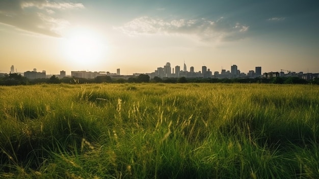 Araffy vista de un horizonte de la ciudad desde un campo de hierba ai generativo